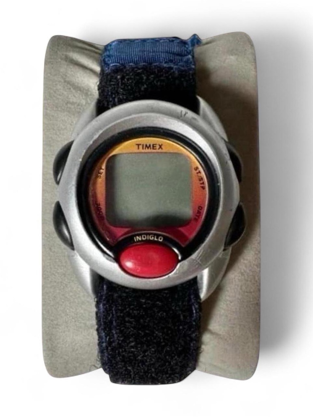 Vintage Timex Kids' Digital Indiglo Watch - Silver Case, Red Accent, Navy Strap